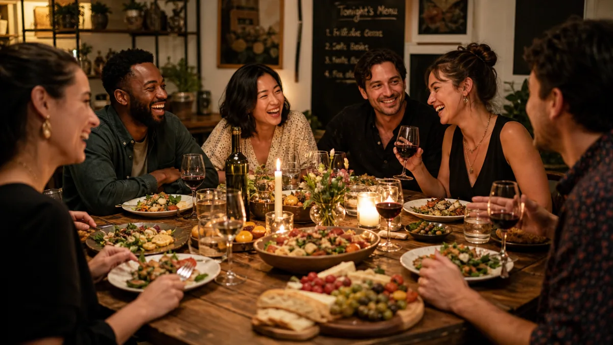 a lively dinner party with guests laughing around a wooden table, warm…