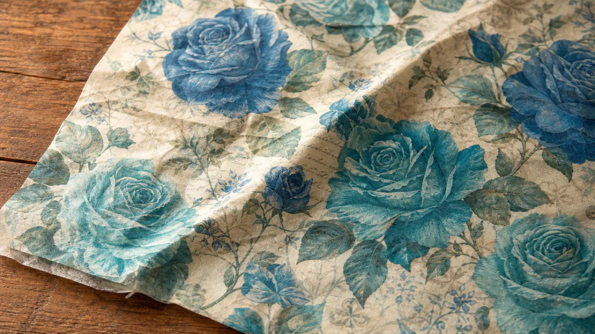 a close-up of teal and blue rose decoupage tissue paper spread on…