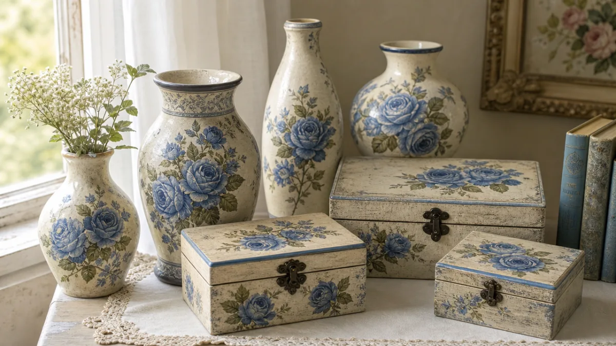 a collection of decorated vases and wooden boxes featuring blue rose decoupage…