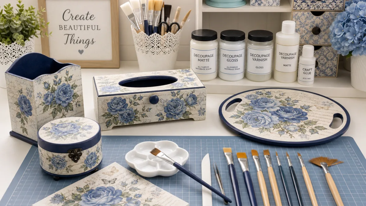 a well-lit craft workspace showing decoupage tools, varnish brushes, and finished blue…