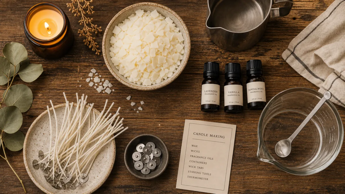 a flat lay of candle making supplies including wax, wicks, and fragrance…