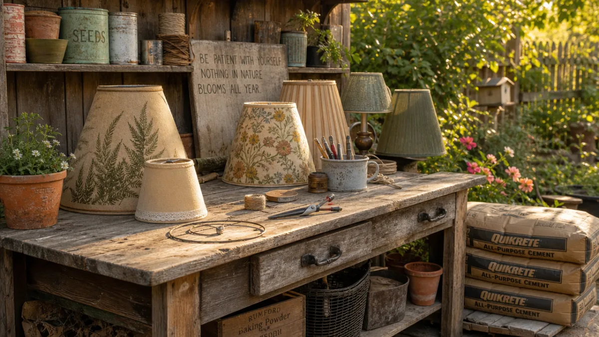 a rustic outdoor garden workbench covered with lampshades, cement bags, and craft…