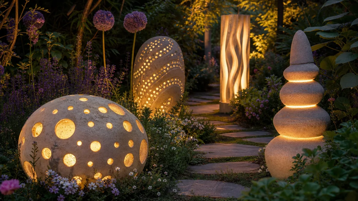 glowing cement garden sculptures arranged in a lush evening garden, soft magical…