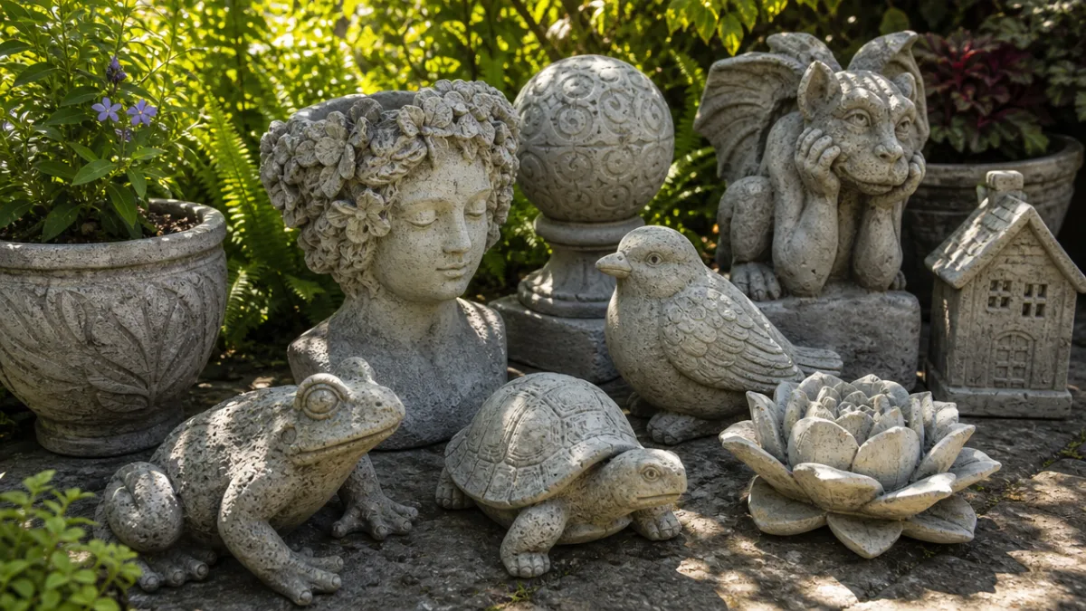 a collection of finished cement garden sculptures in various shapes outdoors, dappled…
