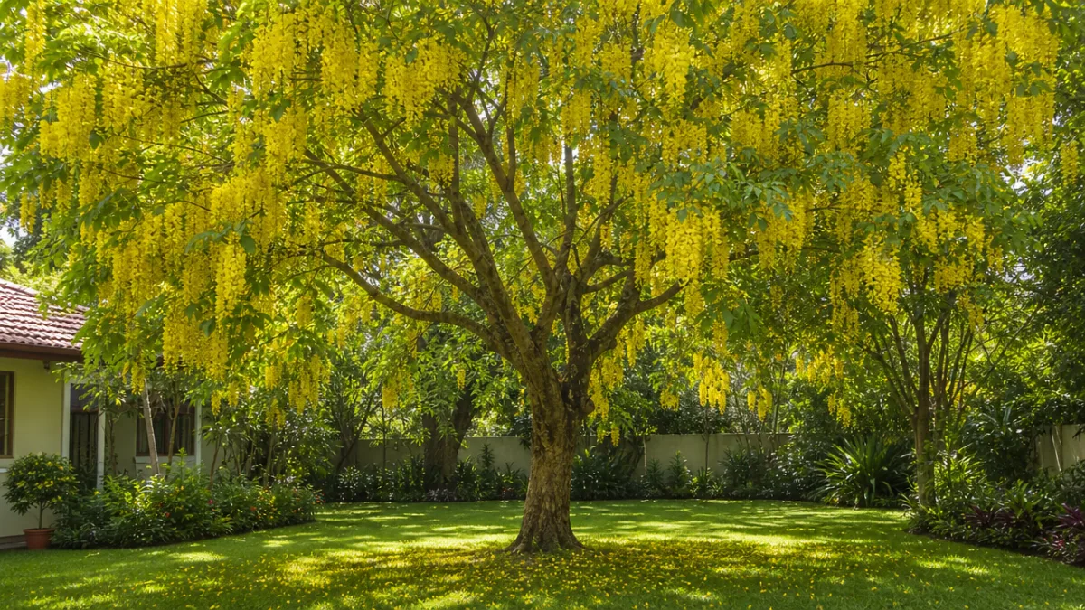 a mature Golden Rain Tree in a residential garden with dappled afternoon…