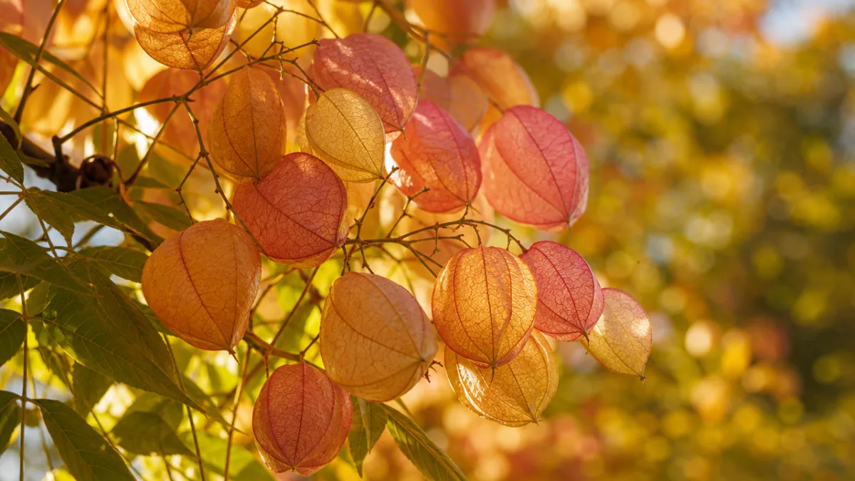 papery lantern-shaped seed pods of Koelreuteria paniculata in warm autumn light, golden…