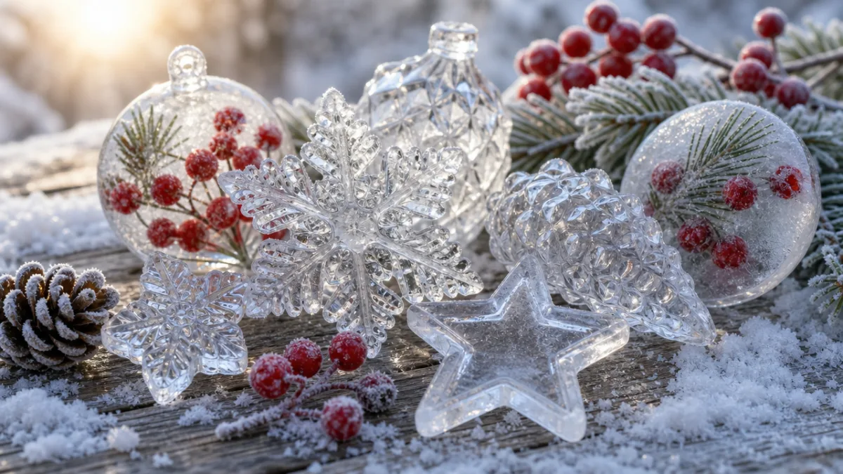 a collection of frozen ice decorations with berries and pine needles on…