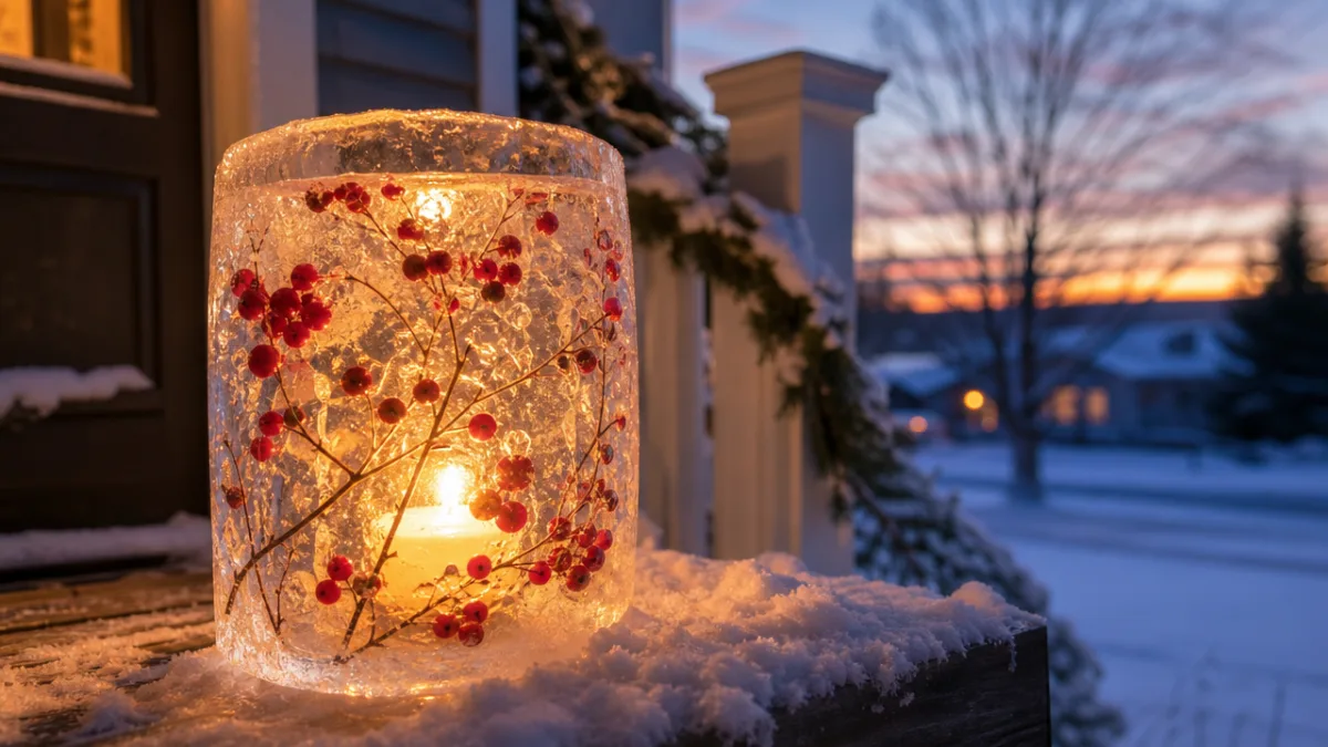 a glowing ice lantern with embedded red berries lit from within by…