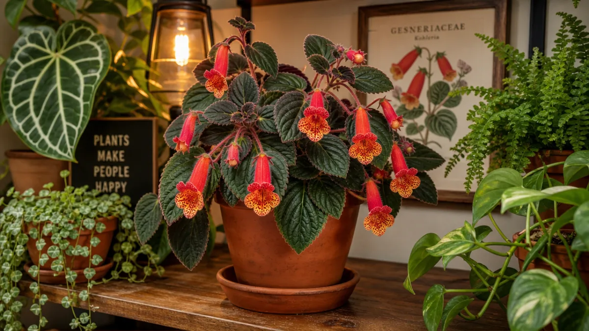 a lush indoor plant display with Kohleria in a terracotta pot on…