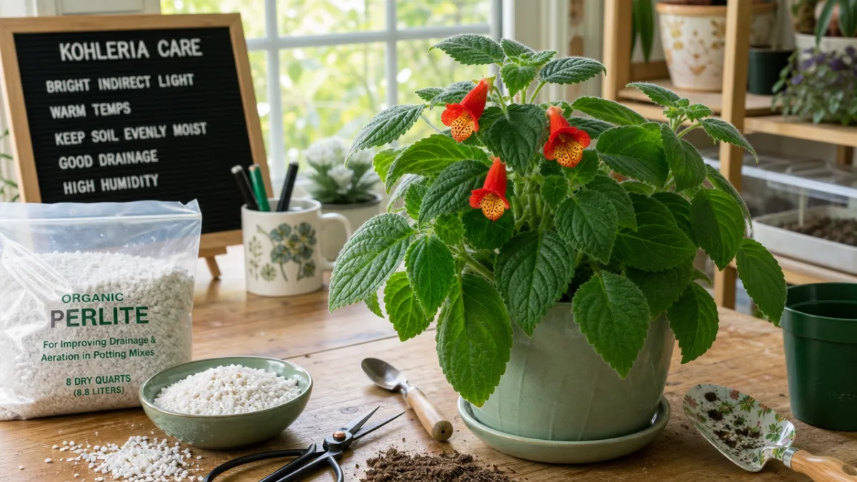 a bright plant care workspace with potting tools, perlite, and a healthy…