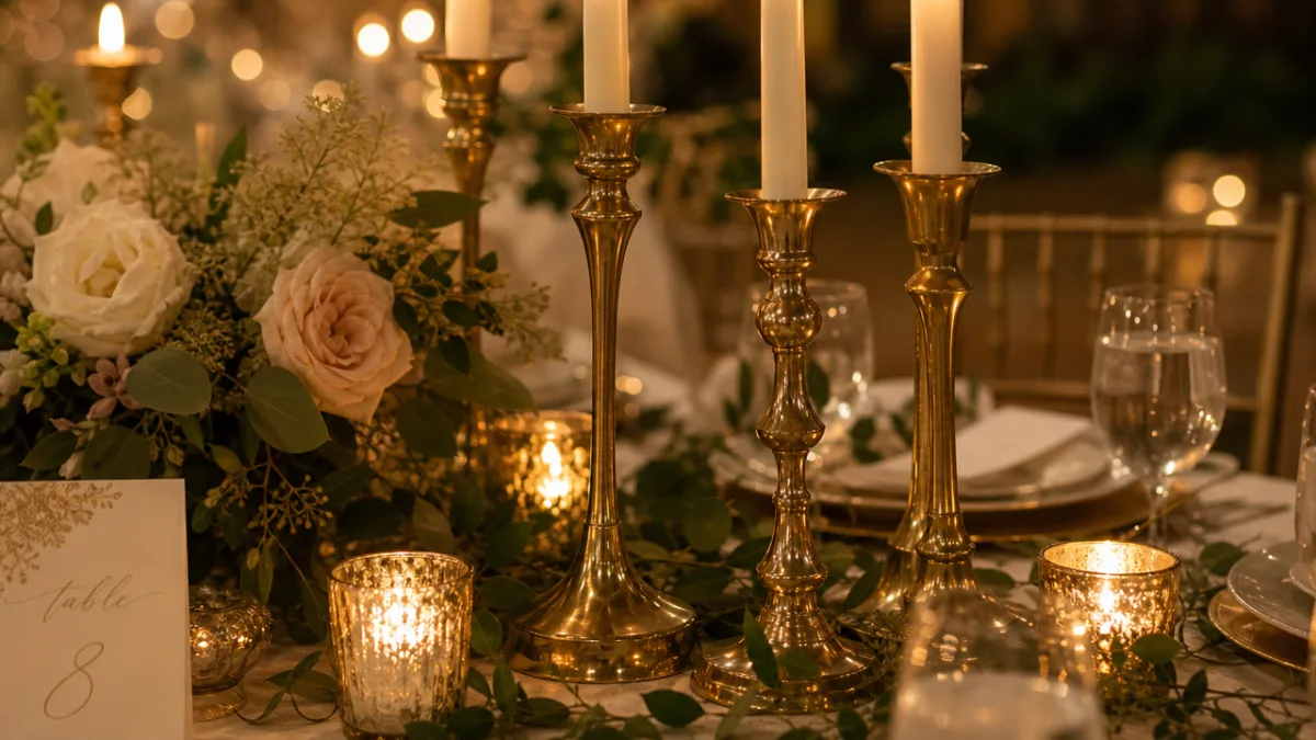a close-up of a wedding table with tall brass candlesticks and glowing…