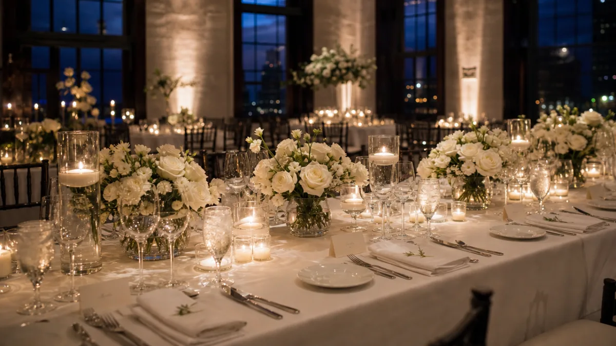 a wide-angle wedding reception table with white linen, clear glassware, white roses…