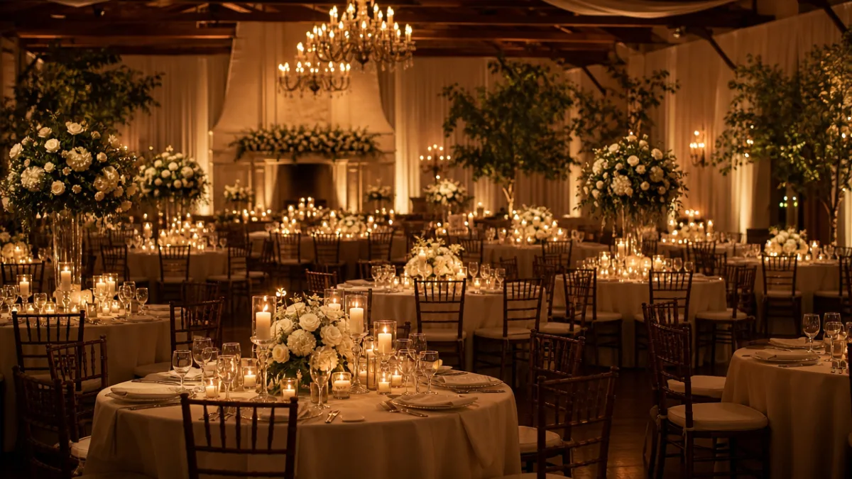 a full wedding reception room with multiple candlelit tables, white roses, warm…