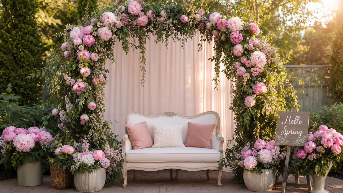 a lush spring garden photo booth with a floral arch covered in…