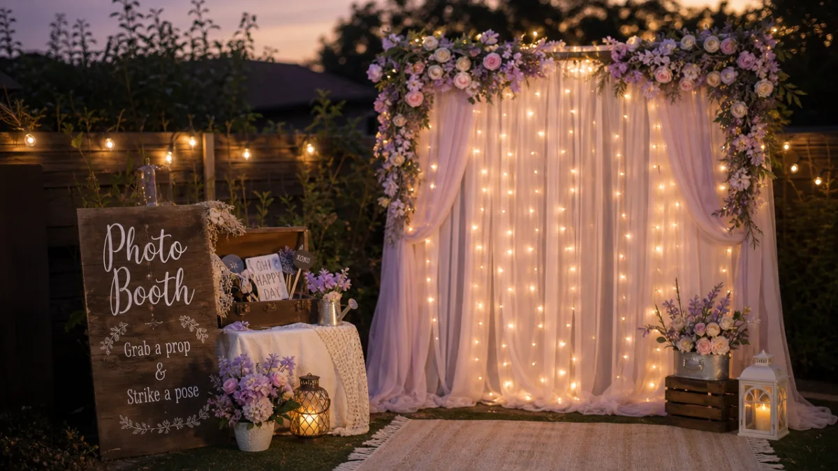 a softly lit outdoor photo booth with fairy lights and pastel florals…