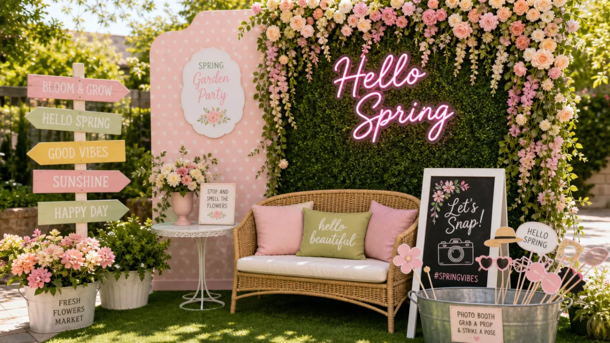 a styled spring garden party photo booth setup with props and pastel…