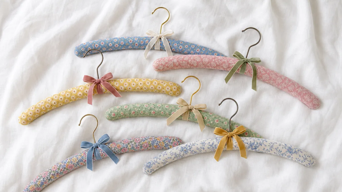a flat lay of colorful fabric wrapped hangers arranged on a white…