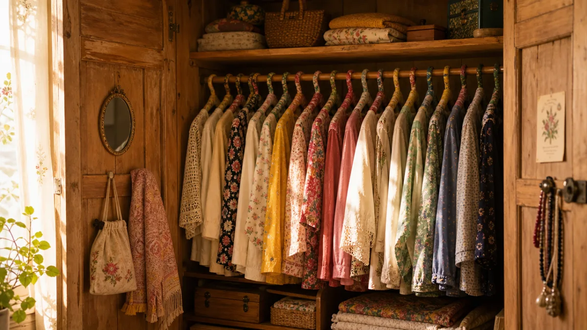 a cozy wooden wardrobe open to reveal colorful fabric wrapped hangers in…