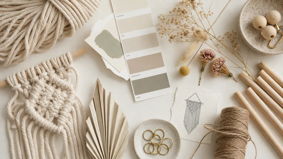 a flat lay of DIY craft materials including macrame cord, paint swatches,…