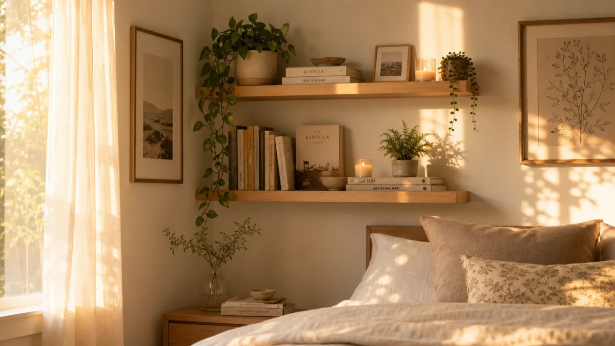 a serene bedroom corner with floating shelves styled with books, candles, and…