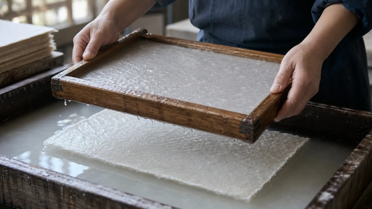 hands gently lifting a wooden mold from a water basin revealing a…