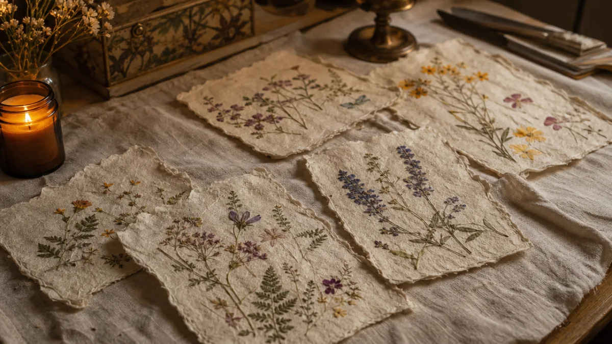finished handmade paper sheets with dried flowers embedded drying on a linen…