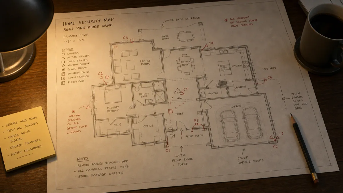 a detailed home security map spread on a desk with pencil markings,…