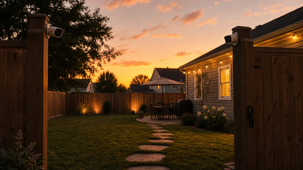 a residential backyard at dusk with security cameras mounted on fence posts,…