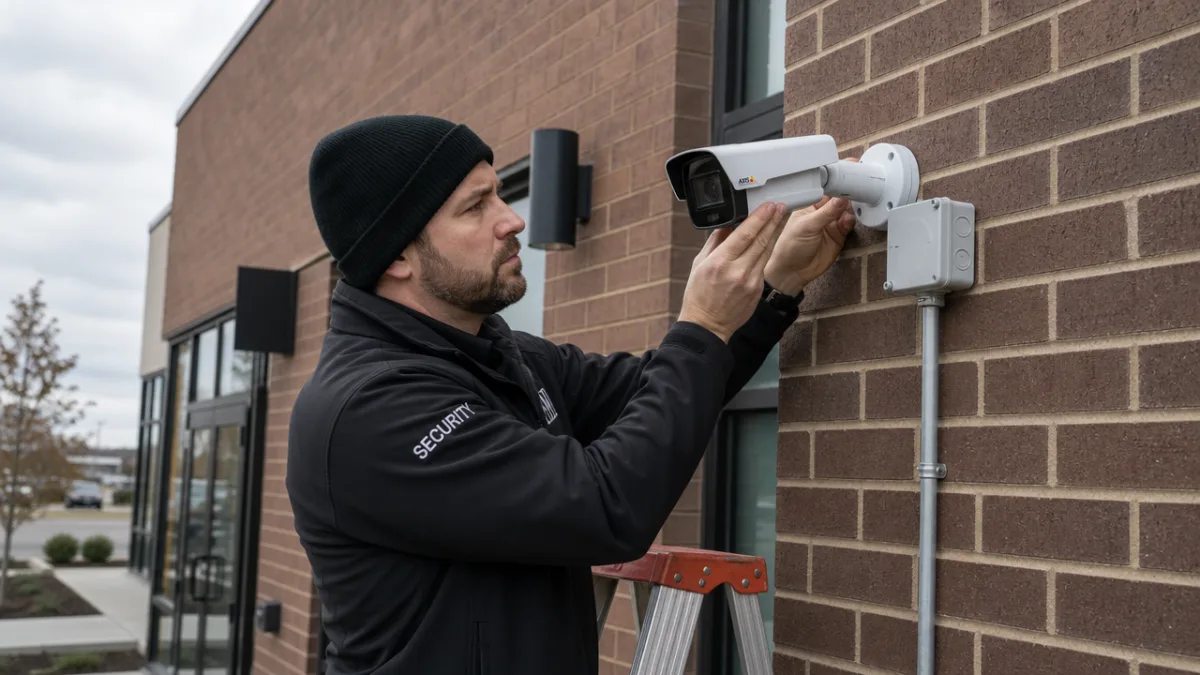 a security professional adjusting an outdoor camera on a brick wall, overcast…