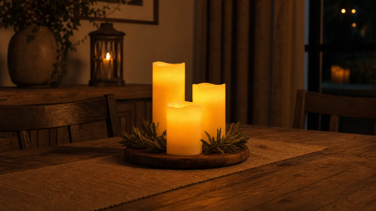 a rustic wooden dining table with a set of three glowing flameless…