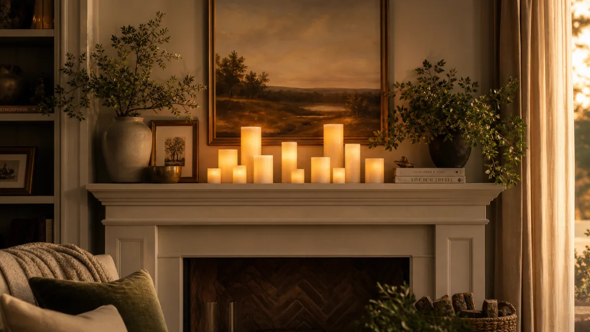 a styled fireplace mantle with assorted flameless pillar candles glowing warmly, flanked…
