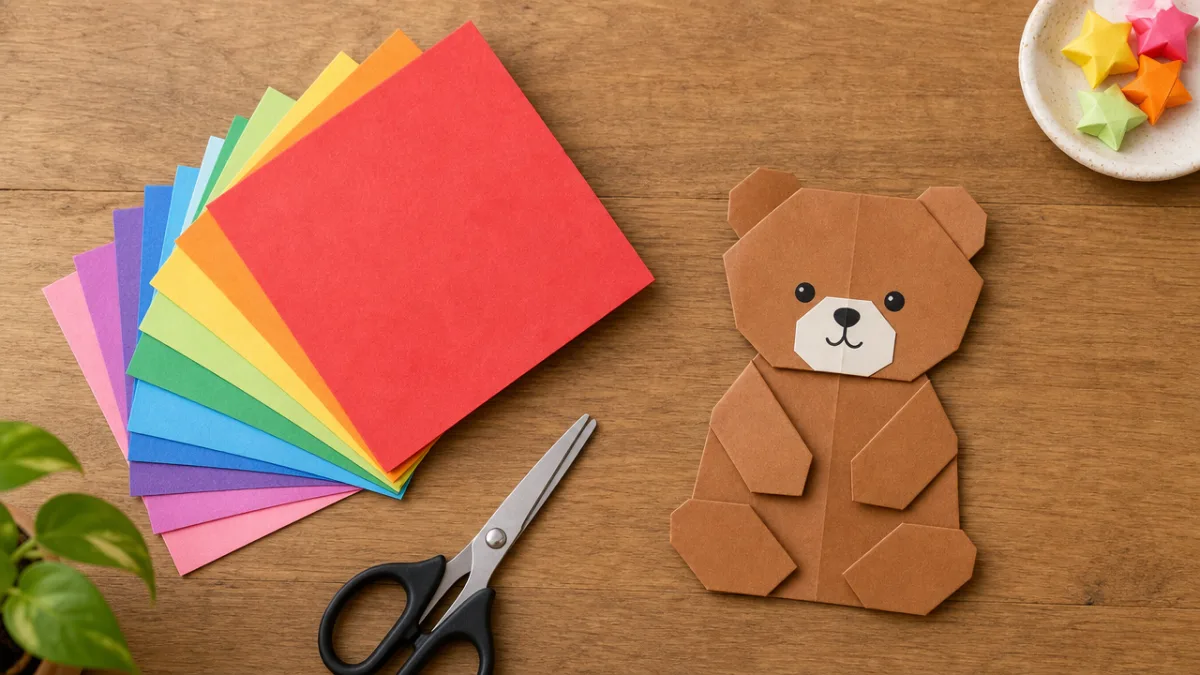 a flat lay of colorful origami paper squares, scissors, and a finished…