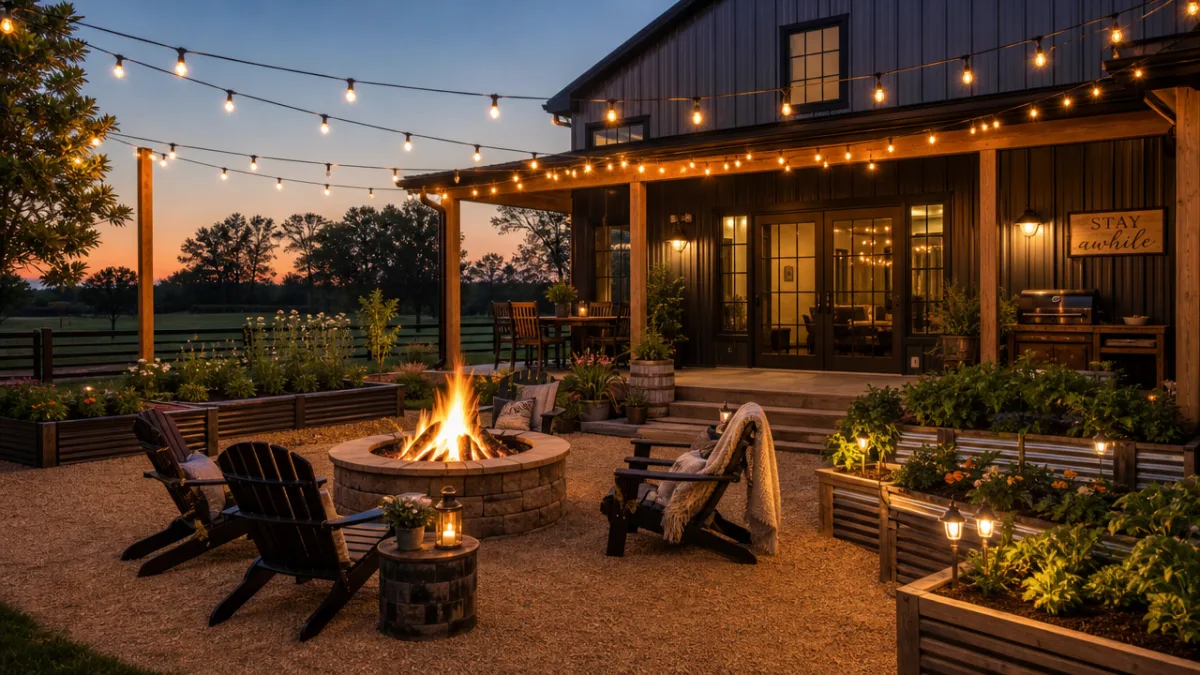 a barndominium backyard patio with a fire pit, string lights, and raised…