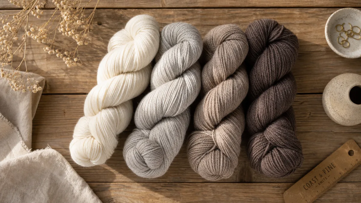 a flat lay of soft merino wool skeins in neutral tones arranged…