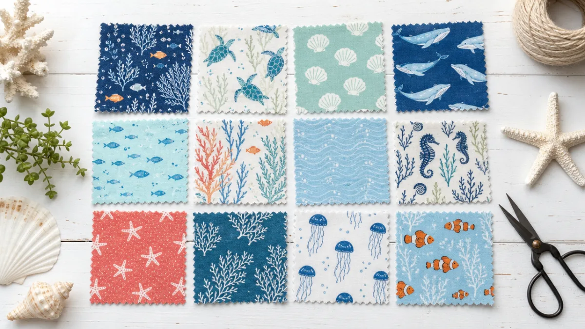 a flat lay of colorful patchwork fabric swatches featuring ocean prints arranged…