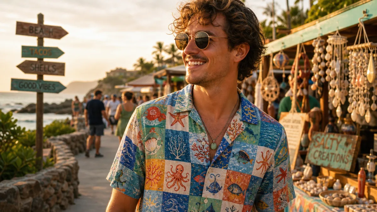 a person wearing a colorful patchwork ocean-themed shirt outdoors at a sunny…