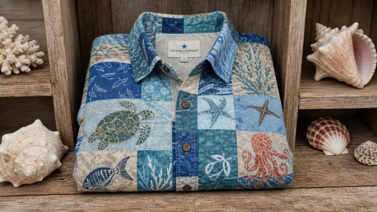 a neatly folded patchwork sea life shirt displayed on rustic wood shelving…
