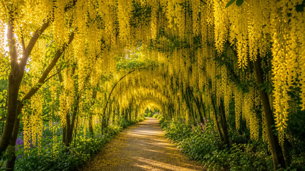 a lush Laburnum tunnel in full bloom with cascading golden yellow flowers,…