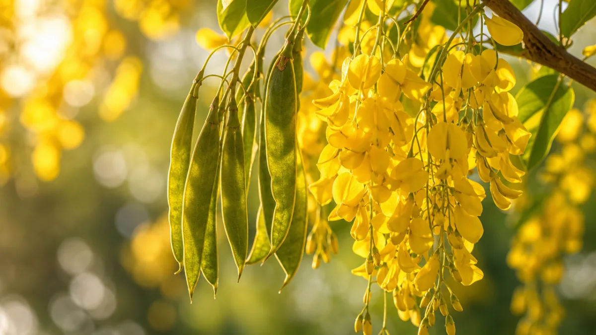 close-up of Laburnum seed pods and golden yellow flower clusters on a…