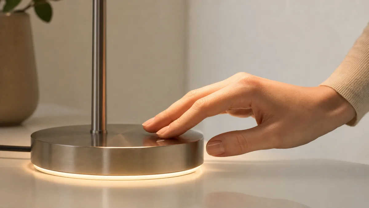 a close-up of a hand touching a sleek metal lamp base with…