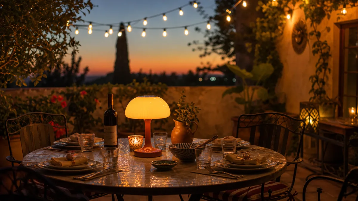 an outdoor patio table set for dinner with a glowing retro lamp,…