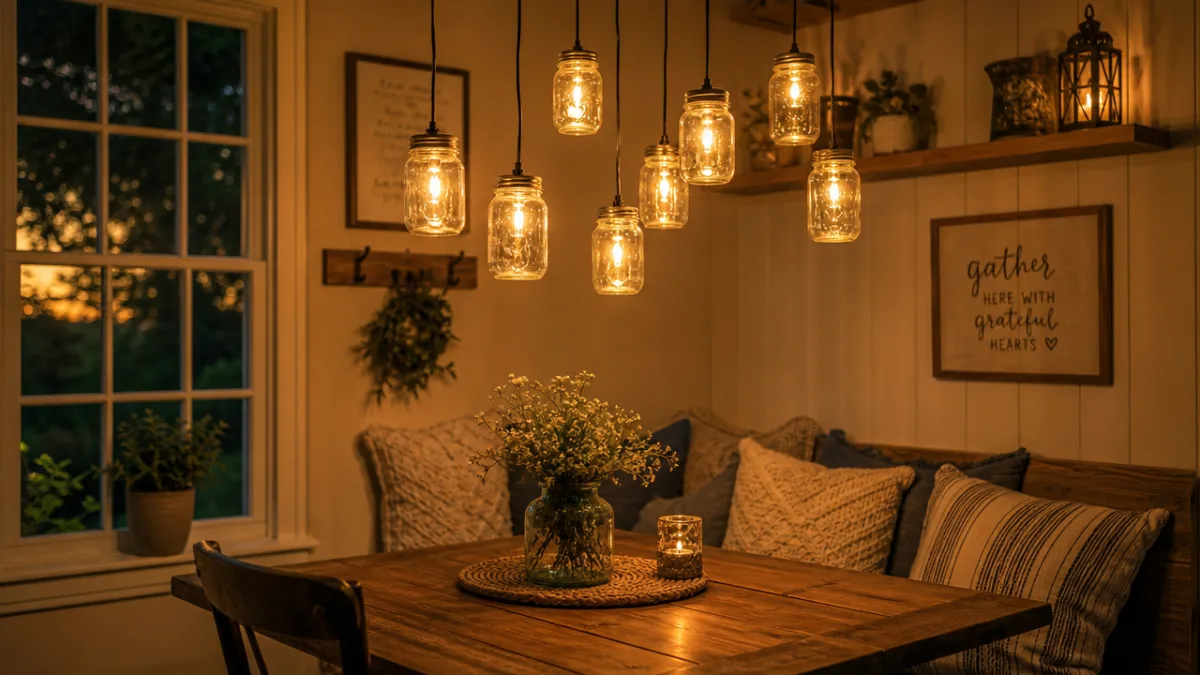 a cozy dining nook with mason jar lanterns hanging at varying heights,…