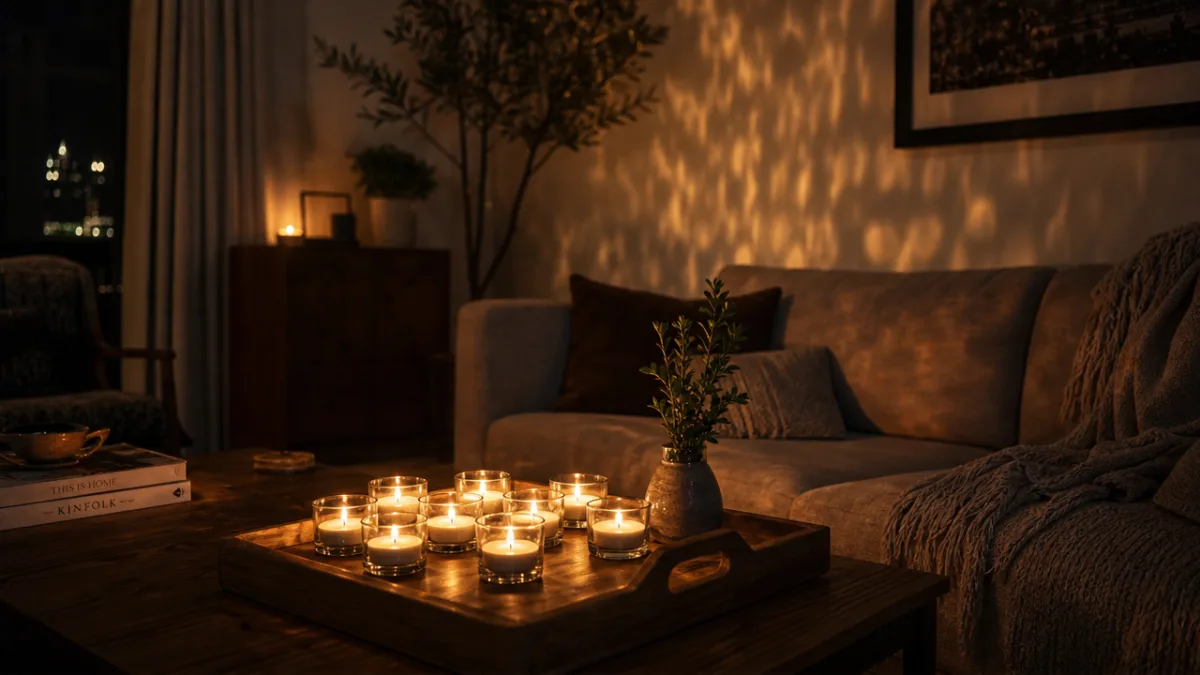 an intimate living room with a tea light display on a wooden…