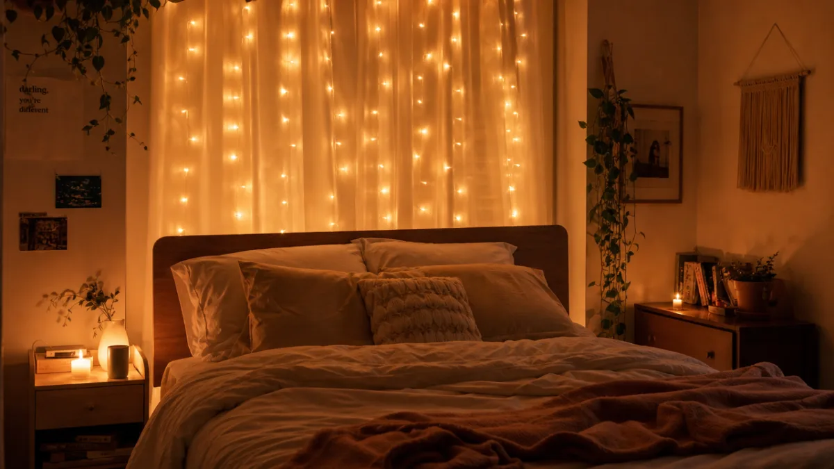 a softly lit bedroom with curtain fairy lights behind a bed headboard,…