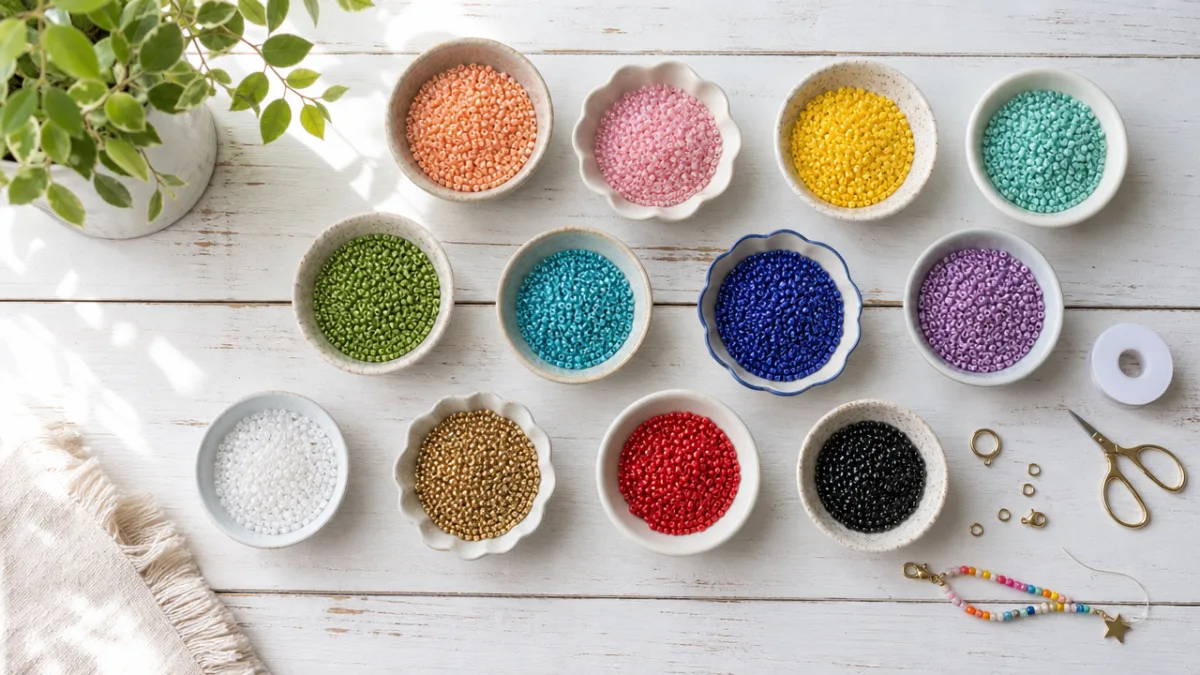 a flat lay of colorful seed beads organized in small bowls on…