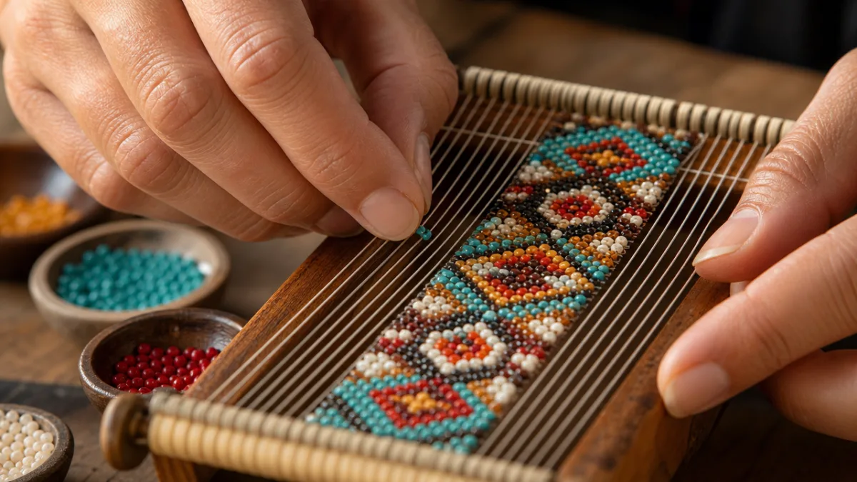 close-up of hands carefully placing colorful beads onto a beading loom, warm…