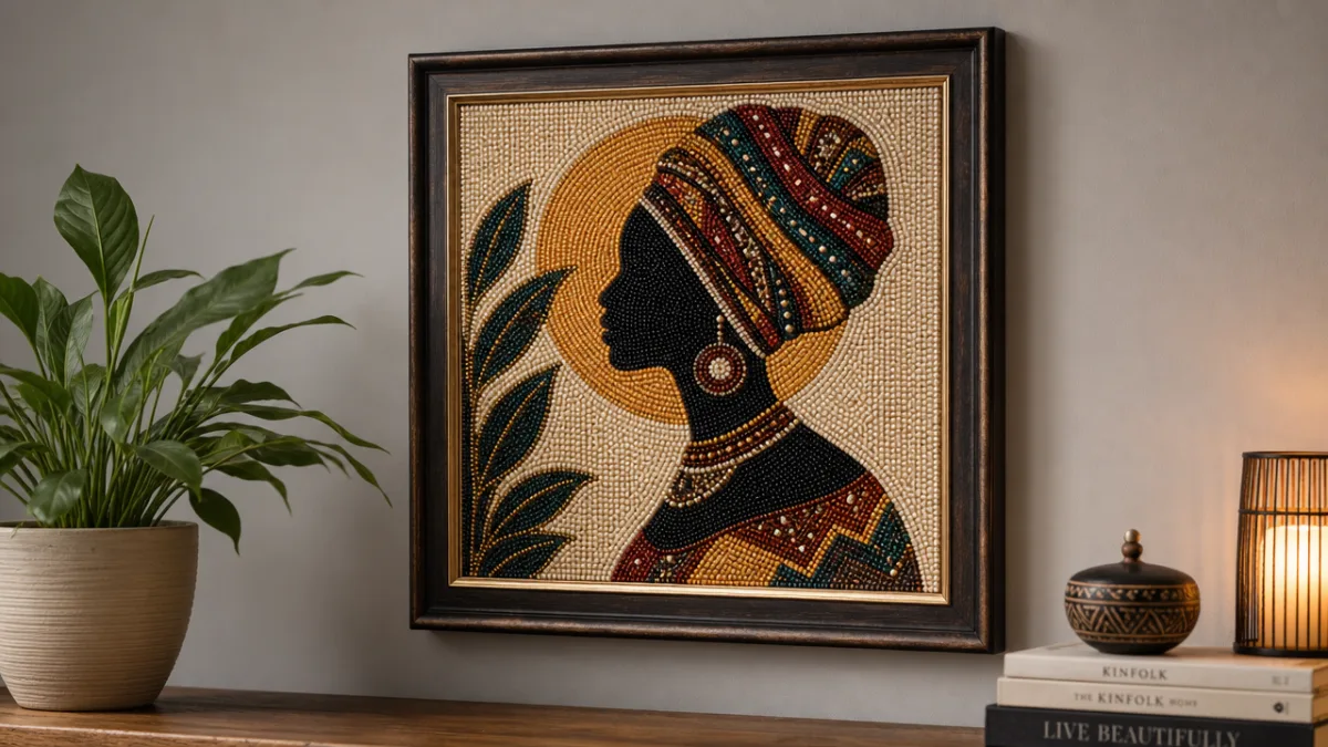 a beautifully framed beaded artwork displayed on a light grey wall beside…