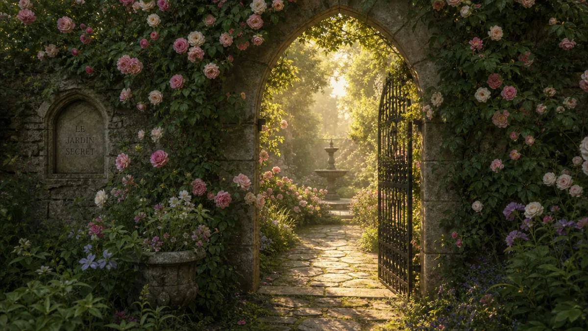 a lush secret garden entrance with stone archway draped in climbing roses,…