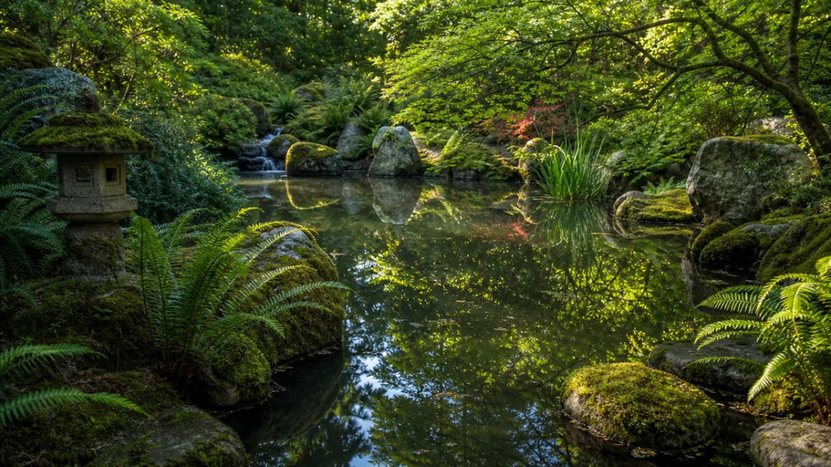 a tranquil garden pond surrounded by ferns and moss-covered stones, dappled afternoon…