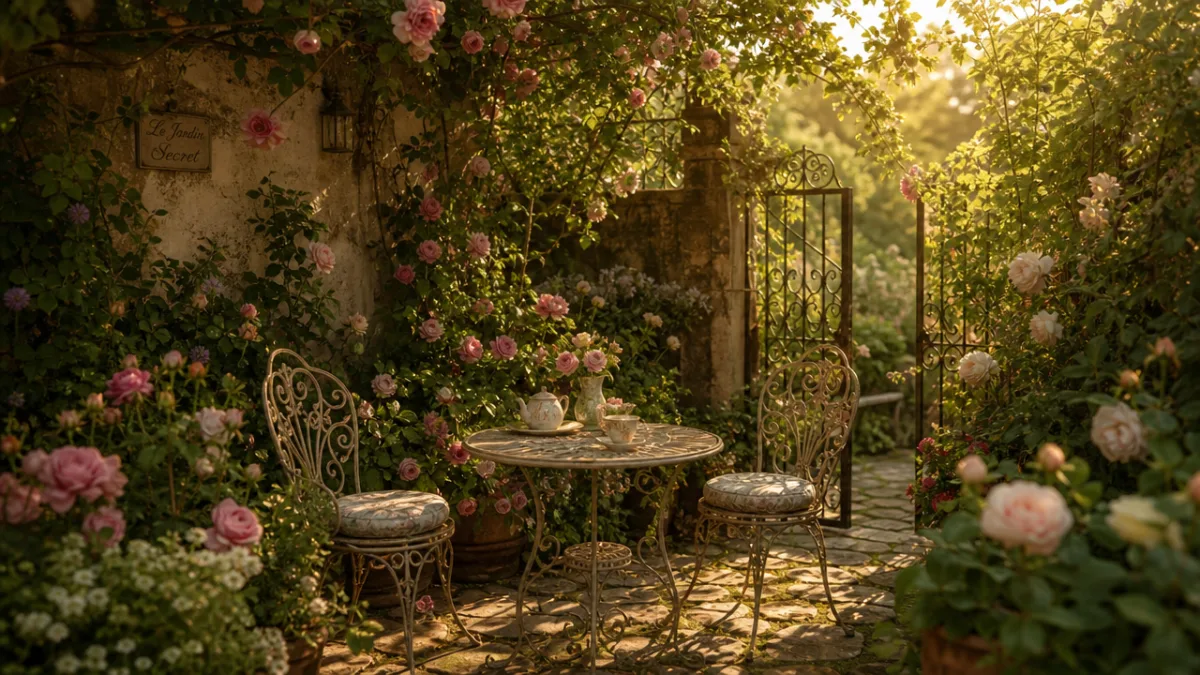 a cozy secret garden seating area with vintage iron chairs and climbing…